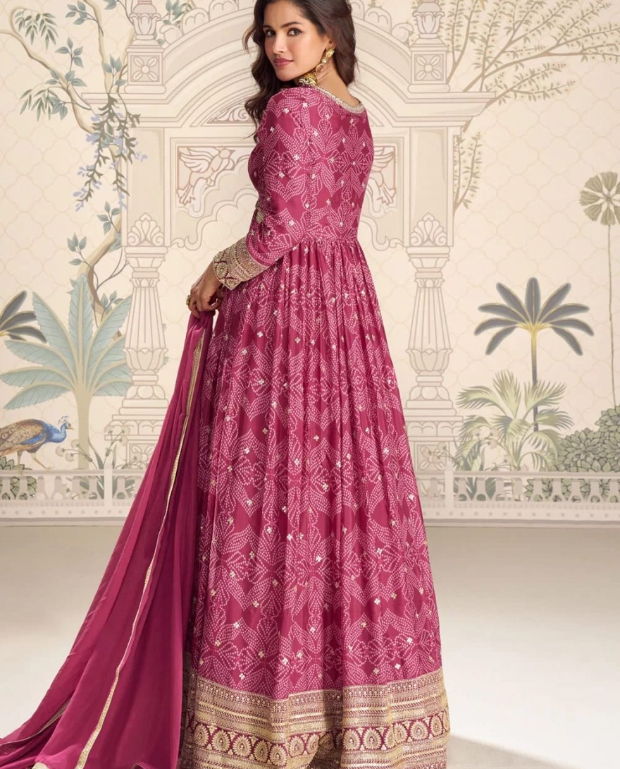 PINK - Digital Print and Embroidered Work Chinon Designer Gown In Pink Colour